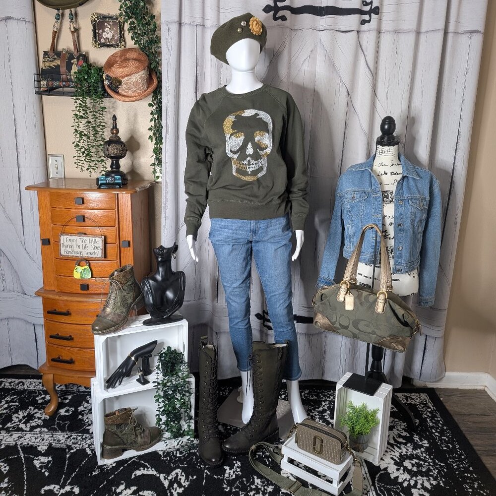 ZADIG & VOLTAIRE Camo Skull Strass Embroidery Crewneck Sweatshirt Kaki SMALL